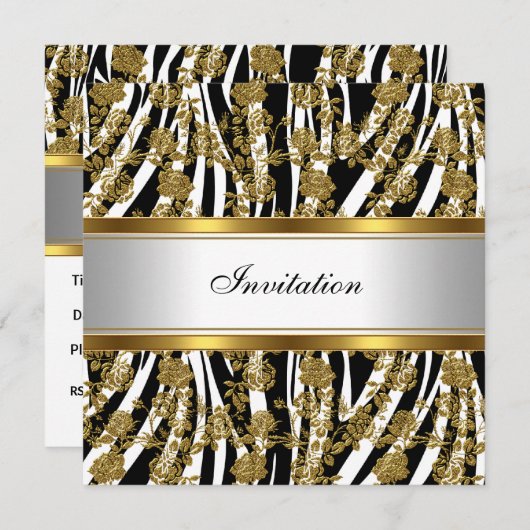 Uitnodiging Elegant Classy Gold Black Zebra Floral (Voorkant / Achterkant)