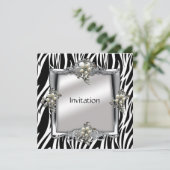 Uitnodiging Elegant Dier Zebra Zilver Sier Flora (Staand voorkant)
