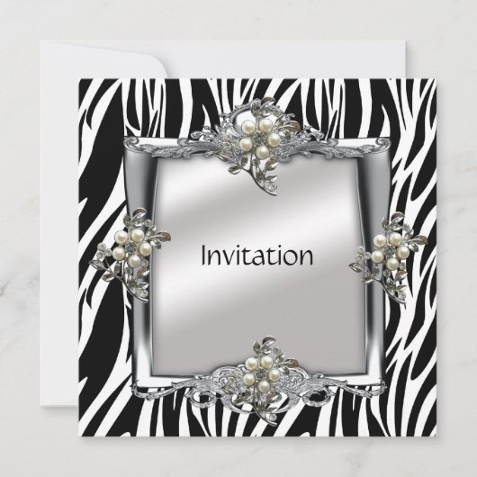 Uitnodiging Elegant Dier Zebra Zilver Sier Flora (Voorkant)