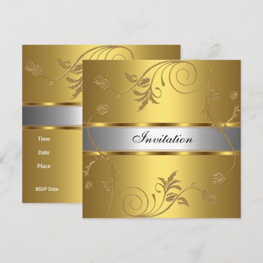 Uitnodiging Elegant Gold Silver Floral (Voorkant / Achterkant)