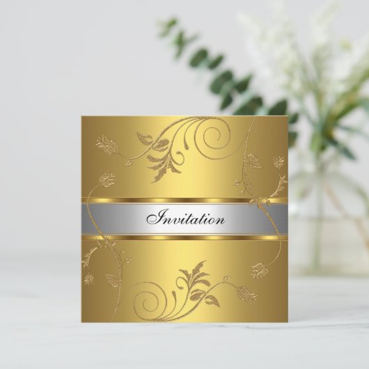 Uitnodiging Elegant Gold Silver Floral (Staand voorkant)