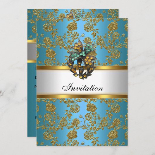 Uitnodiging Elegant Klasse Goud Turquoise Blauwe B (Voorkant / Achterkant)