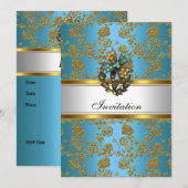 Uitnodiging Elegant Klassevol Goud Teal Blauw Bloe (Voorkant / Achterkant)