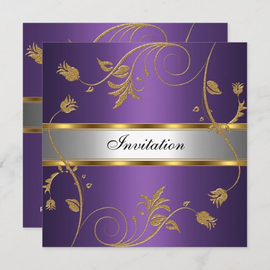 Uitnodiging Elegant Paars Gold Silver Floral (Voorkant / Achterkant)