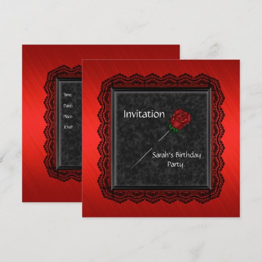 Uitnodiging Elegant Red Rose Black Lace (Voorkant / Achterkant)