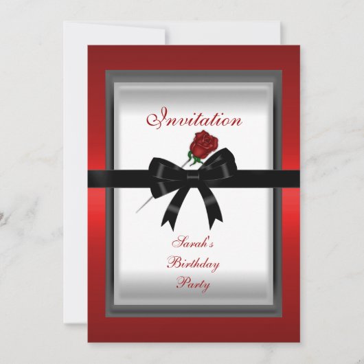 Uitnodiging Elegant Red Rose Black Ribbon Bow 3 (Voorkant)