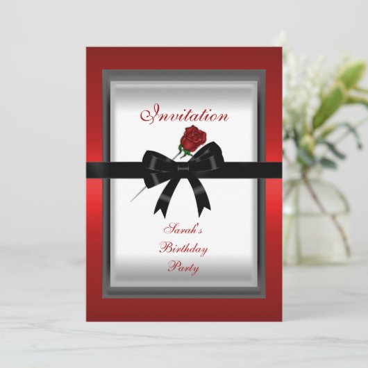 Uitnodiging Elegant Red Rose Black Ribbon Bow 3 (Staand voorkant)
