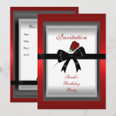 Uitnodiging Elegant Red Rose Black Ribbon Bow 3 (Voorkant / Achterkant)