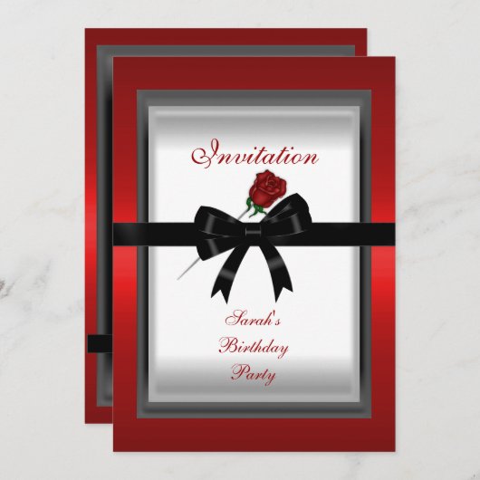 Uitnodiging Elegant Red Rose Black Ribbon Bow 3 (Voorkant / Achterkant)