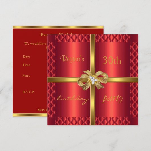 Uitnodiging Elegant Red Silk Gold Bow Diamond (Voorkant / Achterkant)