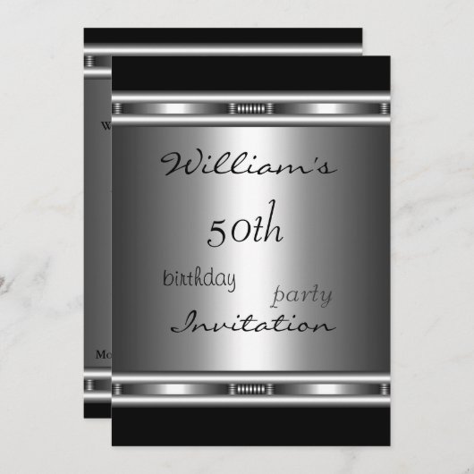 Uitnodiging Elegant Silver Black 50th Birthday (Voorkant / Achterkant)