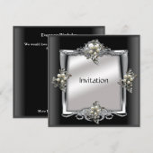 Uitnodiging Elegant Silver Black Pearl Jewel (Voorkant / Achterkant)