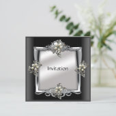 Uitnodiging Elegant Silver Black Pearl Jewel (Staand voorkant)