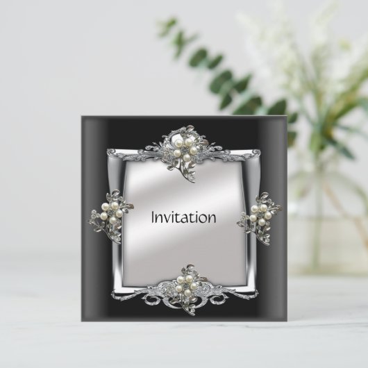 Uitnodiging Elegant Silver Black Pearl Jewel (Staand voorkant)