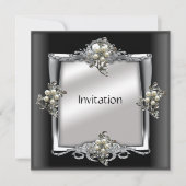 Uitnodiging Elegant Silver Black Pearl Jewel (Voorkant)