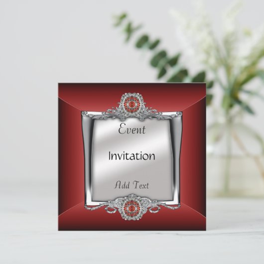 Uitnodiging Elegant Silver Red Jewel (Staand voorkant)