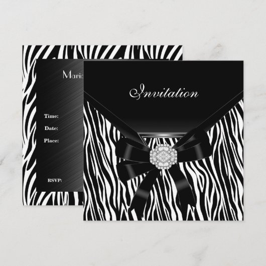 Uitnodiging Elegant Silver White Jewel Zebra (Voorkant / Achterkant)