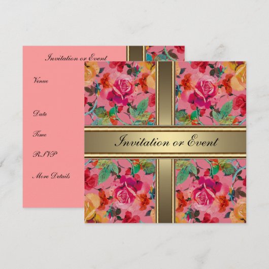 Uitnodiging Elegant Vintage Flowers Roze (Voorkant / Achterkant)