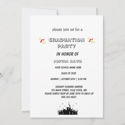 uitnodiging  Elegant zwart-wit afstudeerfeest (Voorkant)