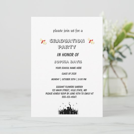 uitnodiging  Elegant zwart-wit afstudeerfeest (Staand voorkant)