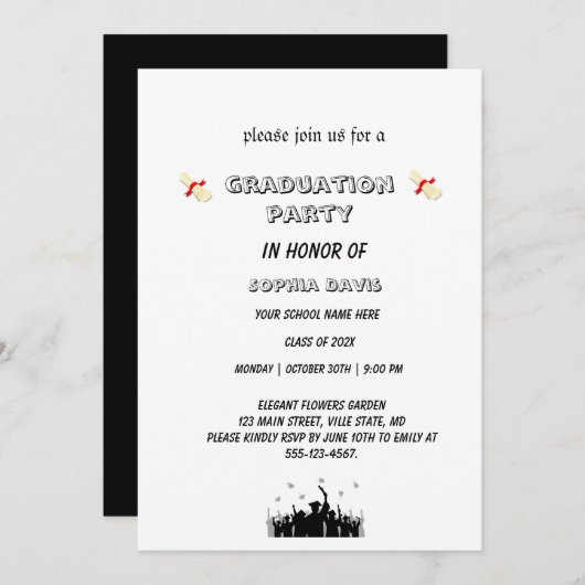 uitnodiging  Elegant zwart-wit afstudeerfeest (Voorkant / Achterkant)