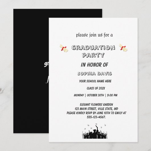 uitnodiging Elegante Black & White Graduation part (Voorkant / Achterkant)