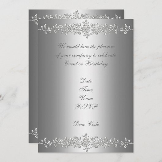 Uitnodiging Elegante Verjaardag Grijs Zilver Roos (Voorkant / Achterkant)