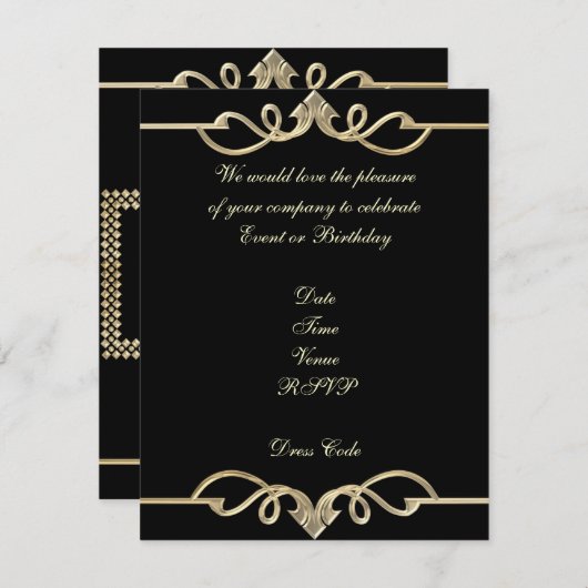 Uitnodiging Elegante Verjaardag Zwart Goud Trim (Voorkant / Achterkant)