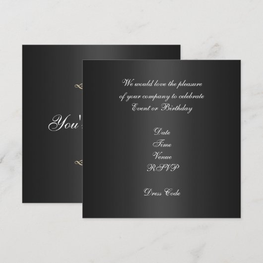 Uitnodiging Elegante Verjaardag Zwart Goud Trim (Voorkant / Achterkant)