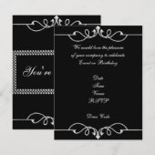 Uitnodiging Elegante Verjaardag Zwart Zilver Trim (Voorkant / Achterkant)