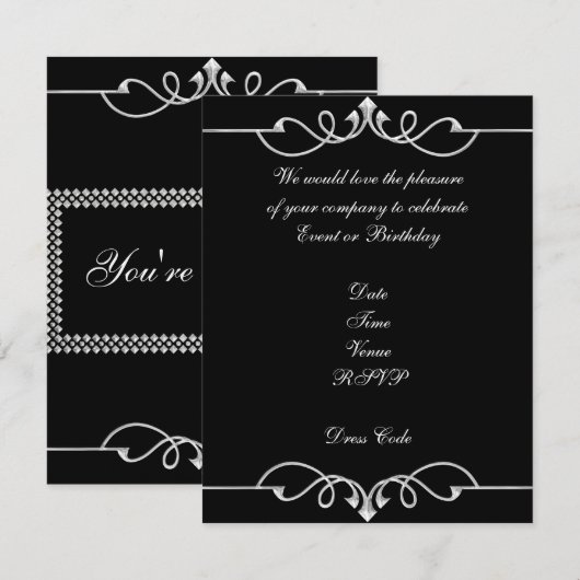 Uitnodiging Elegante Verjaardag Zwart Zilver Trim (Voorkant / Achterkant)