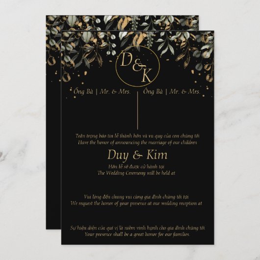 Uitnodiging Engels/Vietnamees voor zwarte/goudbrui (Voorkant / Achterkant)