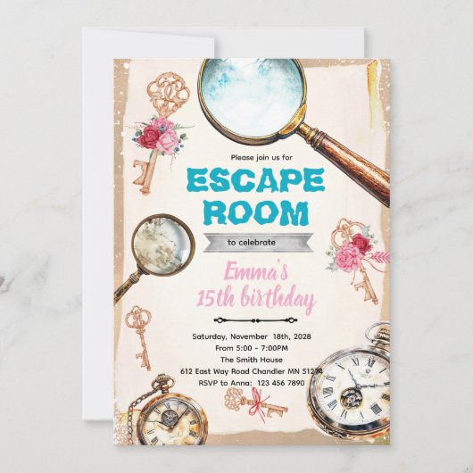 Uitnodiging escape room meisjesfeest (Voorkant)