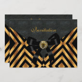 Uitnodiging Exotic Gold Black Stripe leder (Voorkant / Achterkant)