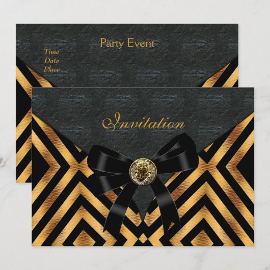 Uitnodiging Exotic Gold Black Stripe leder (Voorkant / Achterkant)