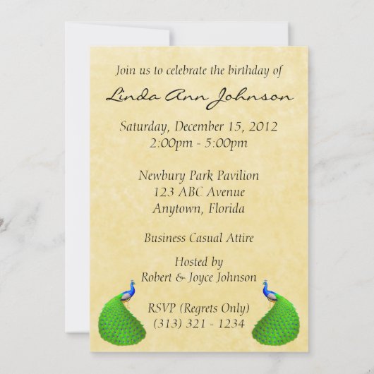 Uitnodiging exotische Indische Peacock Birthday Pa (Achterkant)