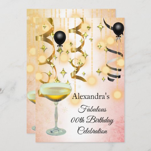 Uitnodiging Fabulous Champagne Gold Pink Lights (Voorkant / Achterkant)