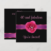 Uitnodiging Feest Black Pink Bloem Prachtig 40ste (Voorkant / Achterkant)