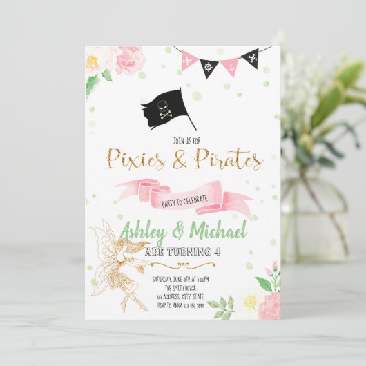 Uitnodiging feest elf en piraat (Staand voorkant)