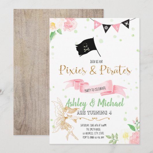 Uitnodiging feest elf en piraat (Voorkant / Achterkant)