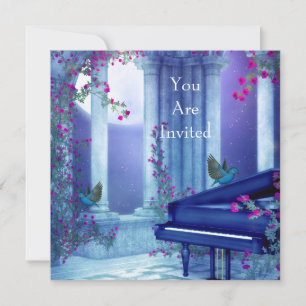 Uitnodiging Feest Piano Vogels Maneschijn Blauw