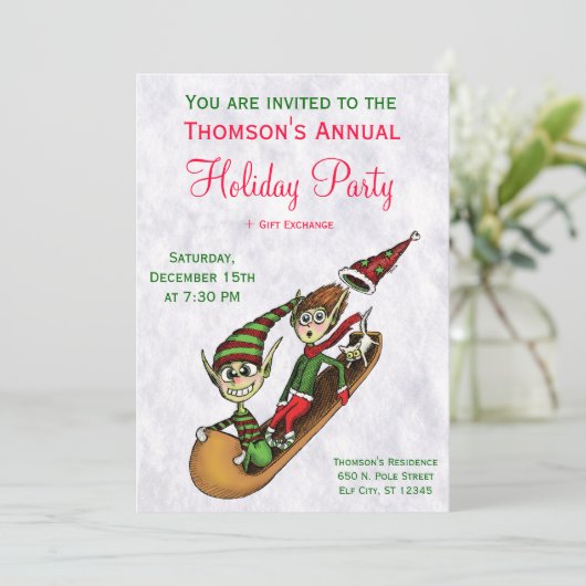Uitnodiging feestdag - Crazy Elf Sled Ride (Staand voorkant)