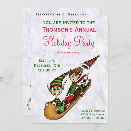 Uitnodiging feestdag - Crazy Elf Sled Ride (Voorkant / Achterkant)