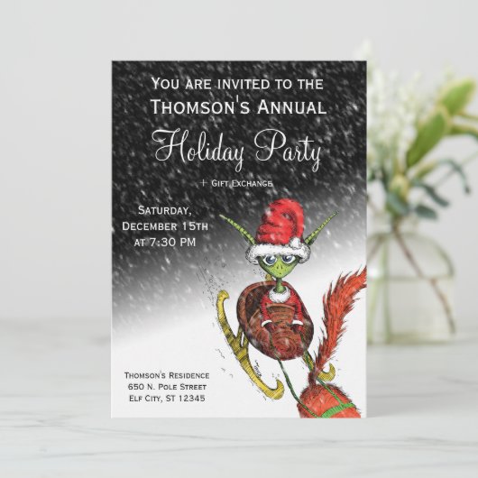 Uitnodiging feestdag - Elf Riding Sleigh (Staand voorkant)