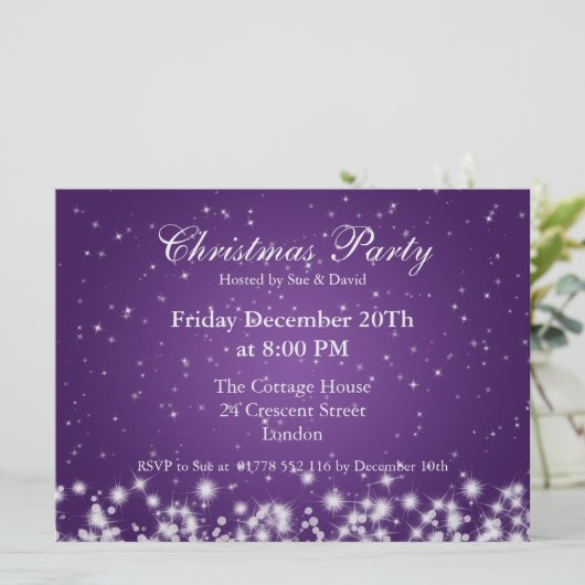 Uitnodiging Feestje Elegante Winter Glans Paars (Staand voorkant)