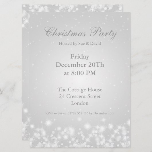 Uitnodiging Feestje Witte Elegante Winter Glans (Voorkant / Achterkant)
