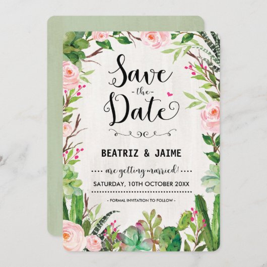 Uitnodiging Fiesta Save the Date Roze Bloemige Cac (Voorkant / Achterkant)