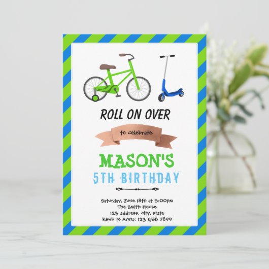 Uitnodiging fiets en scooter wiel plezierfeest (Staand voorkant)