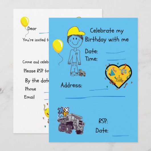 Uitnodiging-FIFO Zoon + Dump Truck Kaart (Voorkant / Achterkant)