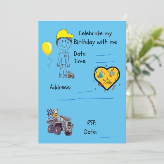 Uitnodiging-FIFO Zoon + stortwagen Kaart (Staand voorkant)